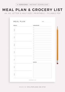 7-Day Meal Planning Guide with Included Grocery List, Printable Weekly Menu Template, A4/A5/Letter/Half Size Options
